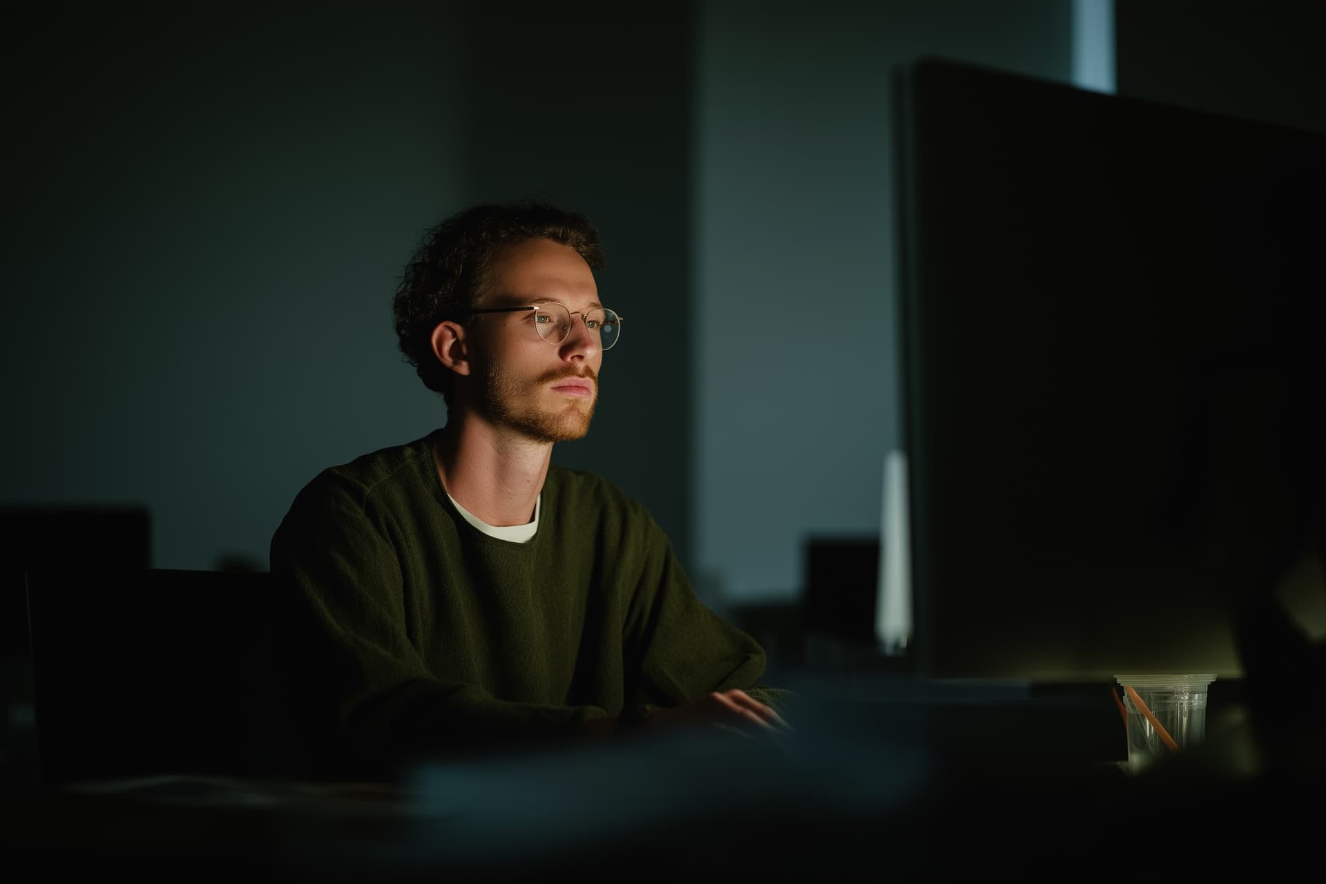 Person working at a computer in a dark environment